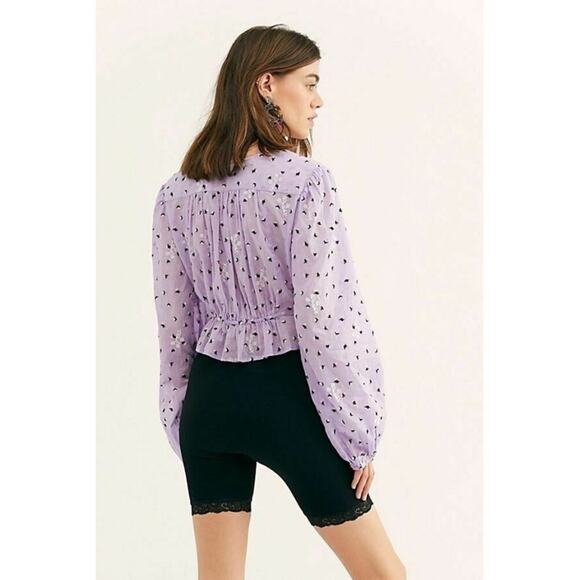 Free People La Rose Embroidered Cropped Blouse Top Cutout Ruffle Lilac Sz S Boho - Picture 2 of 8